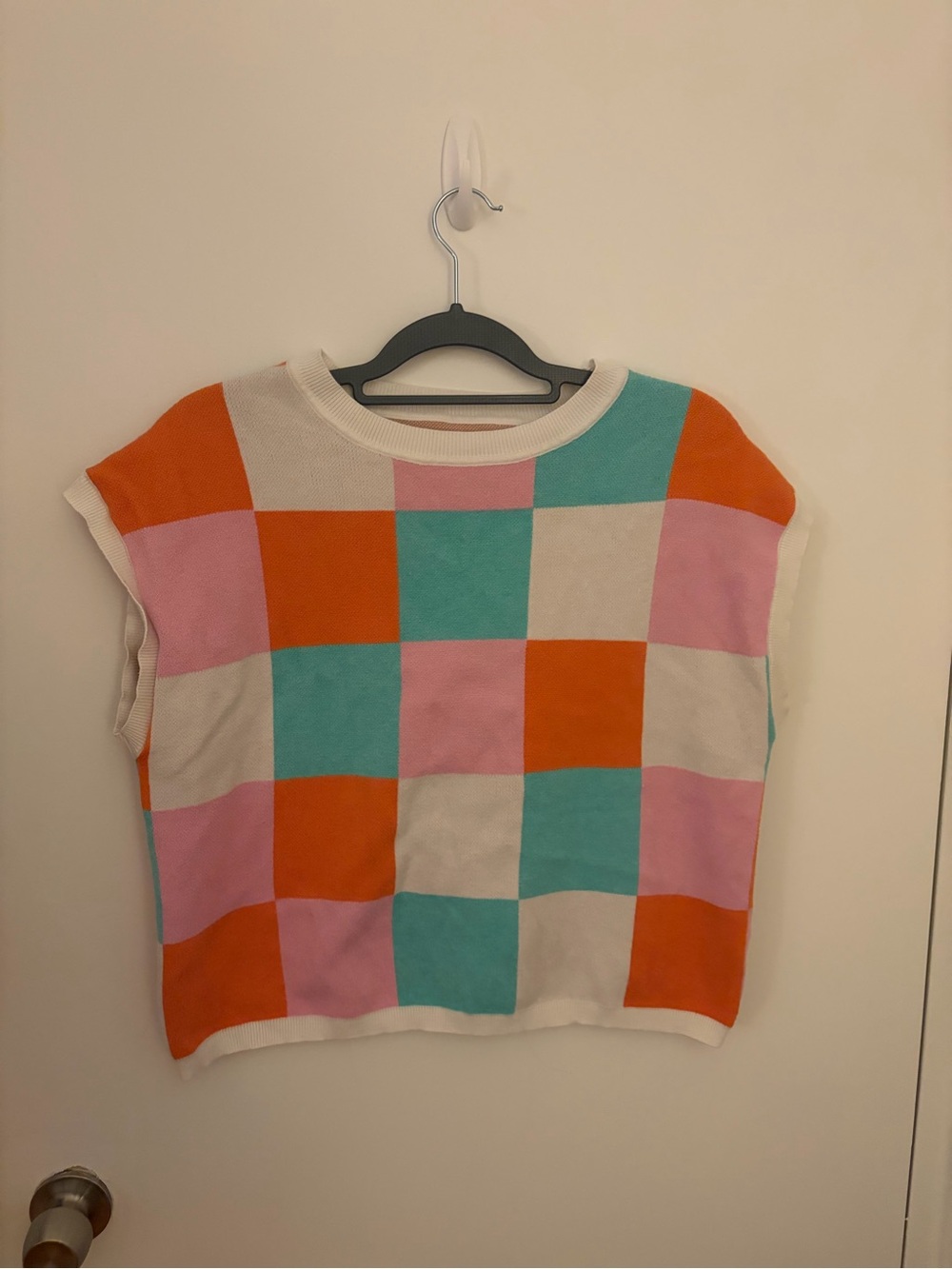 Colorblock Checkerboard Knit Vest - White, Orange, Pink, Aqua